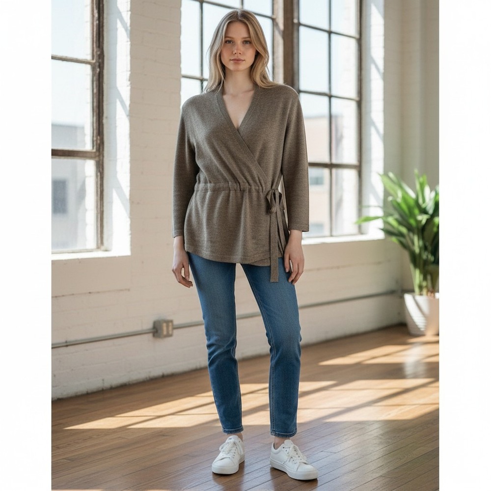Steven Alan Cardigan Womens M/L Gray Wrap Style 100% Wool Shawl Collar Sweater
